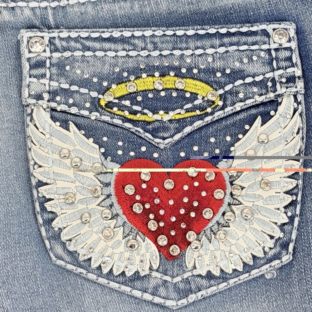 SKY Premium Collection Heart Angel Wings Halo Bling Rhinestone Flare Jeans 13 - Picture 7 of 9